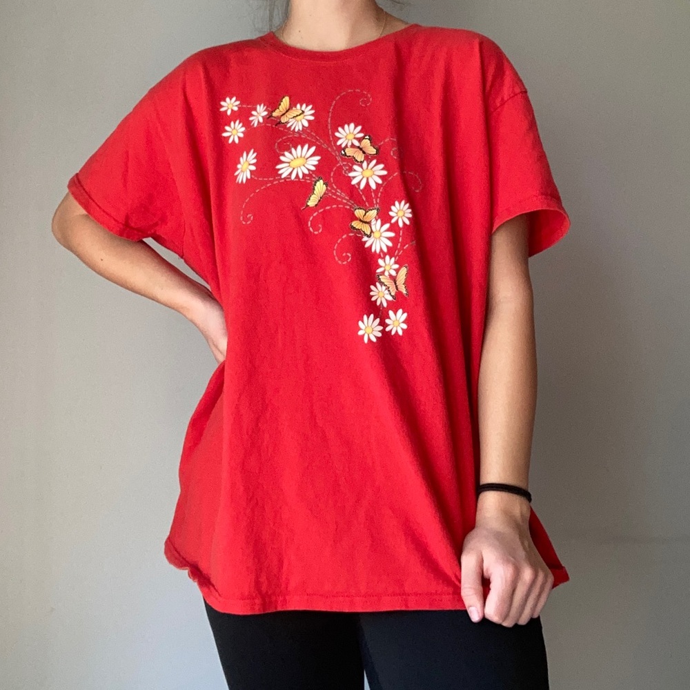 Red Flowers + Butterflies Short Sleeved Tee Shirt